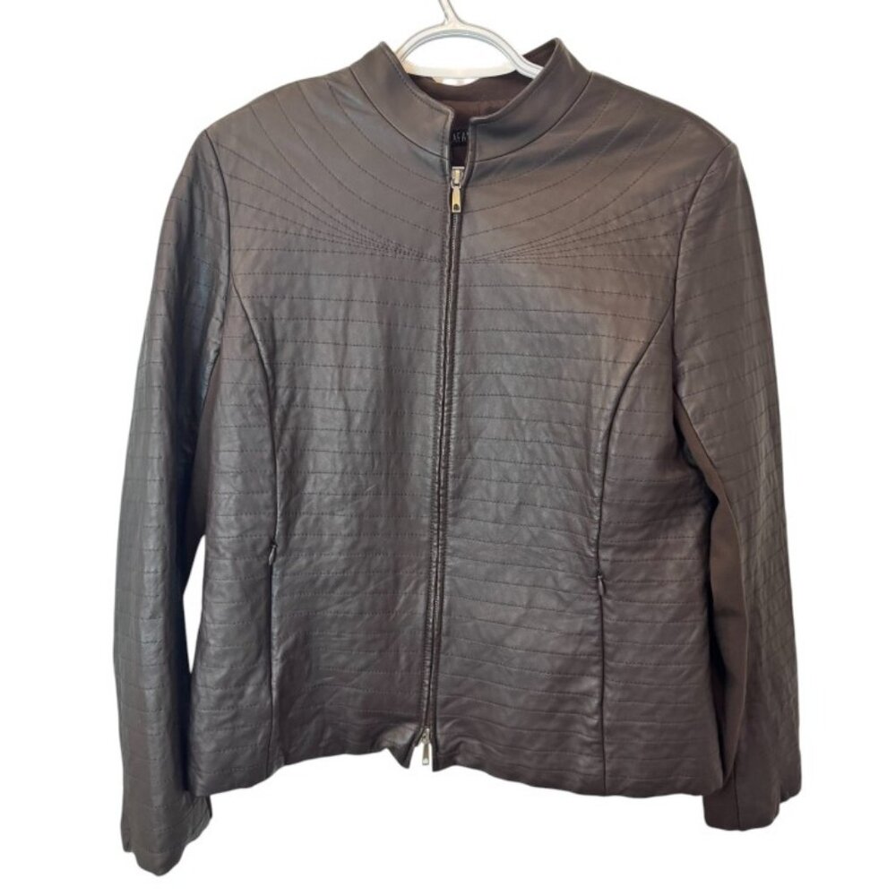 Lafayette 148 zip-front leather jacket brown women's size 14